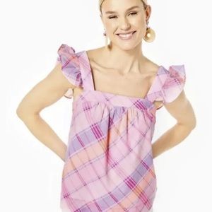 Lilly‎ Pulitzer NWT Reyna Top Pink Isle Madras Plaid Cotton Ruffle Sleeve
